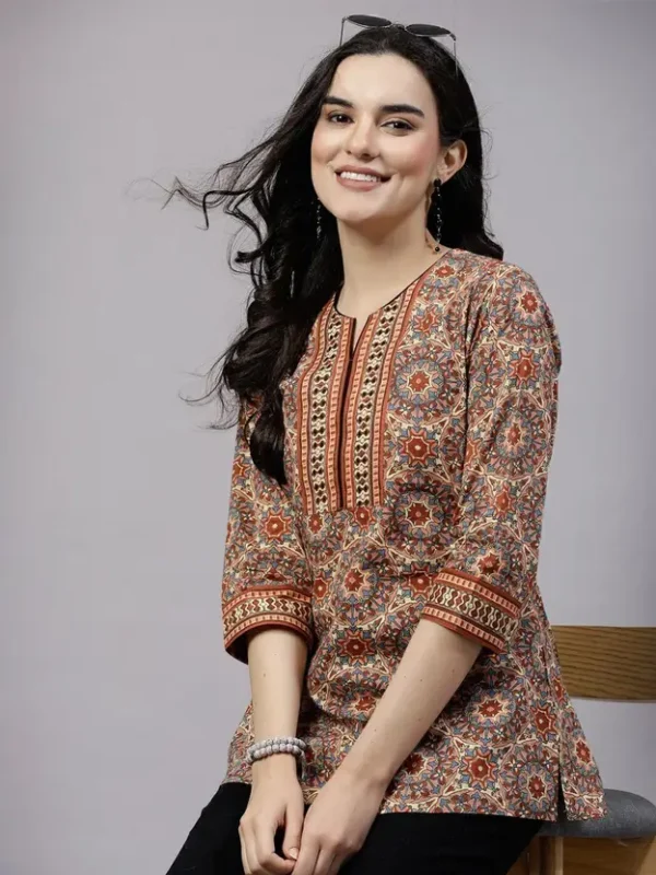 Casual Regular Sleeves Printed Women Brown Top
