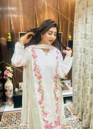 Women Embroidered Georgette Straight Kurta With Attached Dupatta  (White)