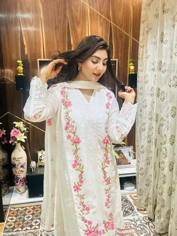 Women Embroidered Georgette Straight Kurta With Attached Dupatta  (White)