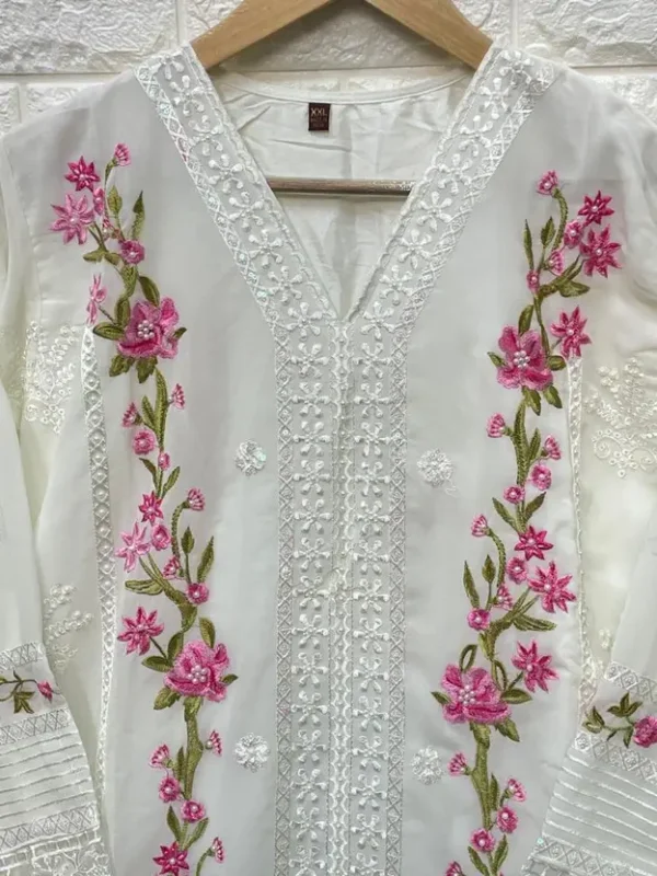 Women Embroidered Georgette Straight Kurta With Attached Dupatta  (White) - Image 2
