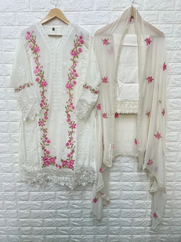 Women Embroidered Georgette Straight Kurta With Attached Dupatta  (White) - Image 3