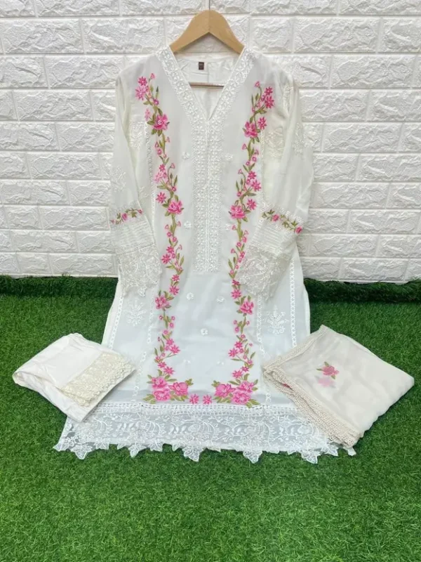 Women Embroidered Georgette Straight Kurta With Attached Dupatta  (White) - Image 4