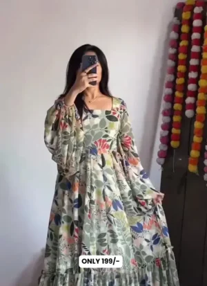 Pure soft fox georgette floral print fabric fully flair maxi with ballon sleeves.Summer kurti,summer gowan,one pis,bech wear,Beach Wear Women's Dresses,One Piece .
