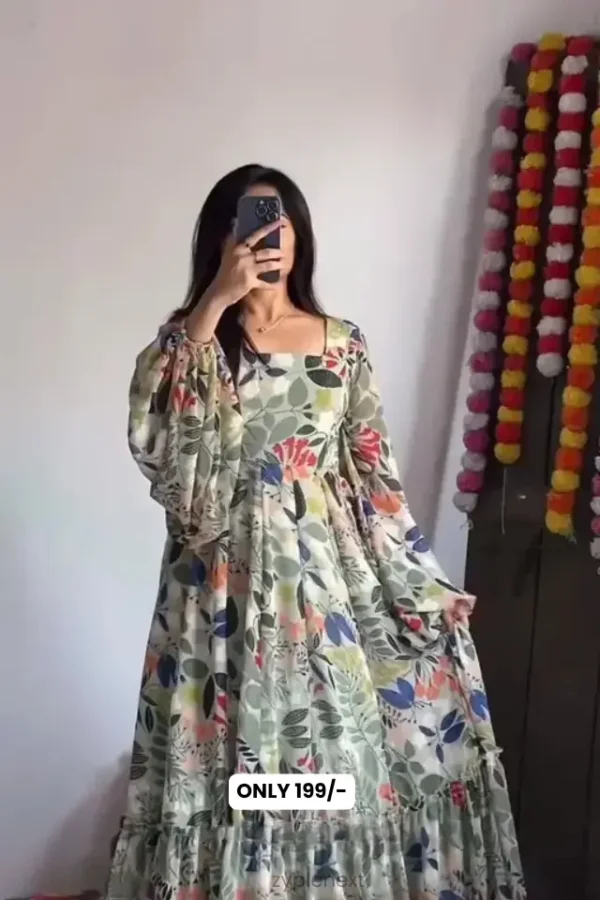 Pure soft fox georgette floral print fabric fully flair maxi with ballon sleeves.Summer kurti,summer gowan,one pis,bech wear,Beach Wear Women's Dresses,One Piece .
